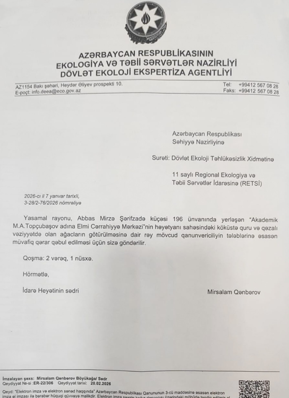 Elmi Cərrahiyyə Mərkəzi ilə bağlı qanunsuz ağac kəsilməsi iddialarına aydınlıq gətirildi