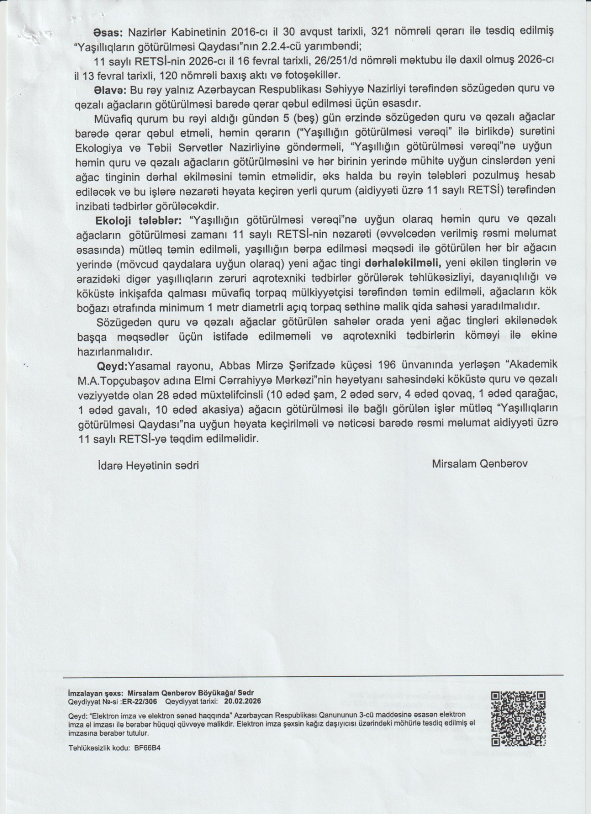 Elmi Cərrahiyyə Mərkəzi ilə bağlı qanunsuz ağac kəsilməsi iddialarına aydınlıq gətirildi