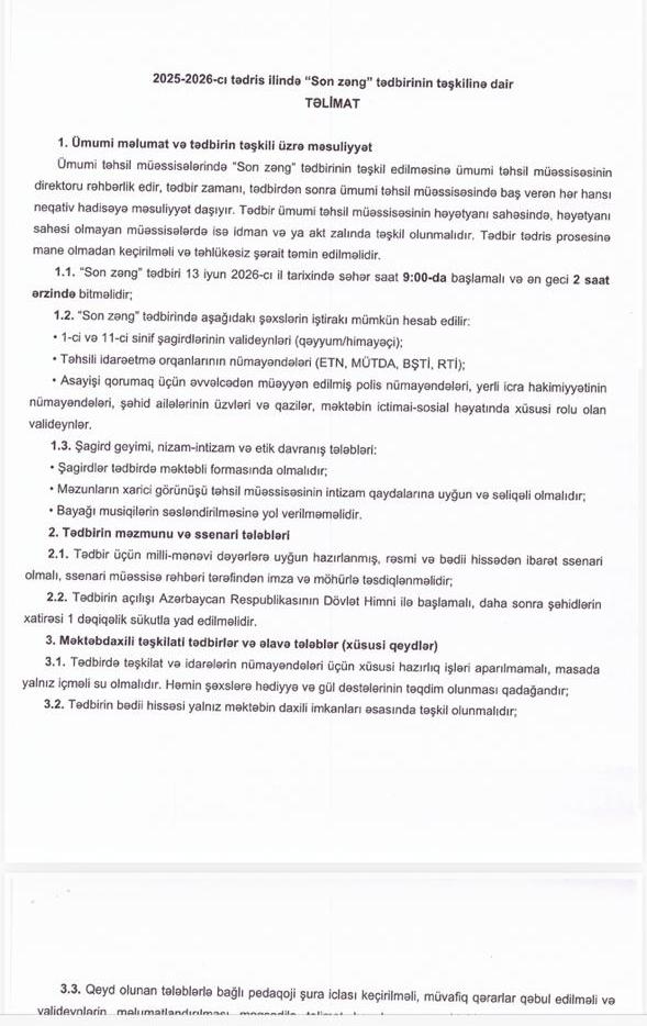 Məktəblərə "Son zəng" tədbiri barədə təlimat göndərildi (FOTO)