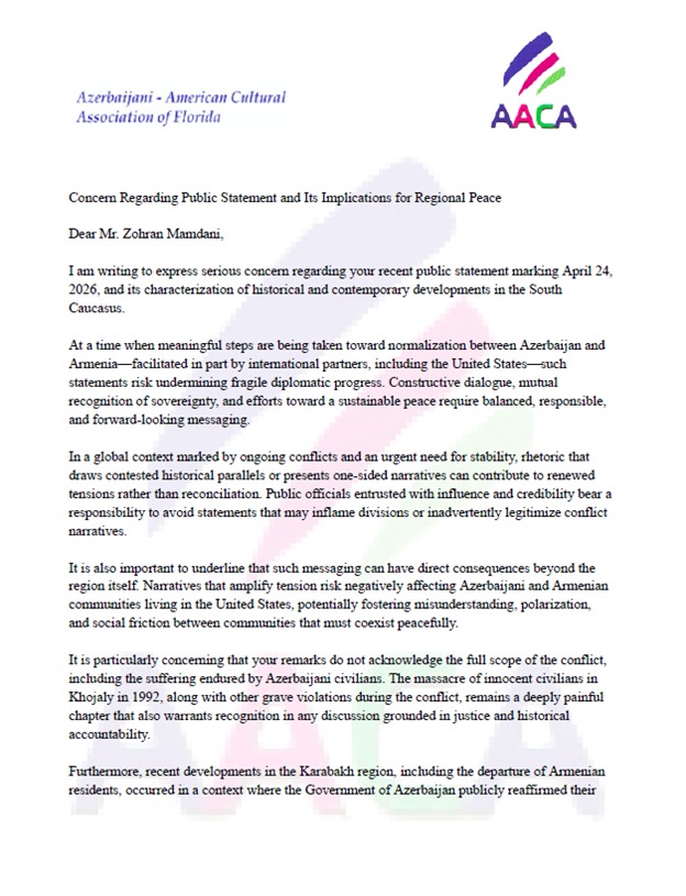 Dünya azərbaycanlıları Nyu-York merinə müraciət ediblər (FOTO)