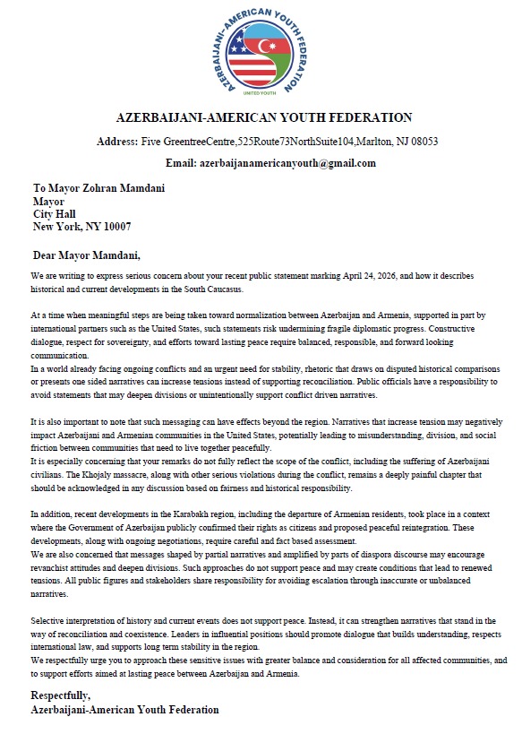 Dünya azərbaycanlıları Nyu-York merinə müraciət ediblər (FOTO)