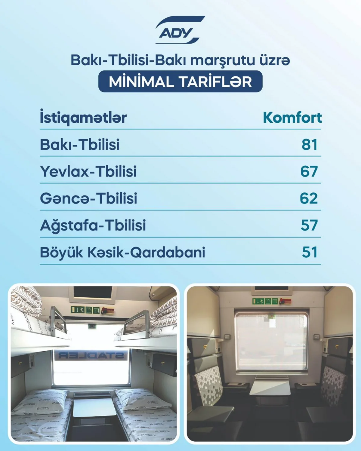 Bakı-Tbilisi-Bakı qatarında siniflər üzrə gediş haqqı açıqlanıb