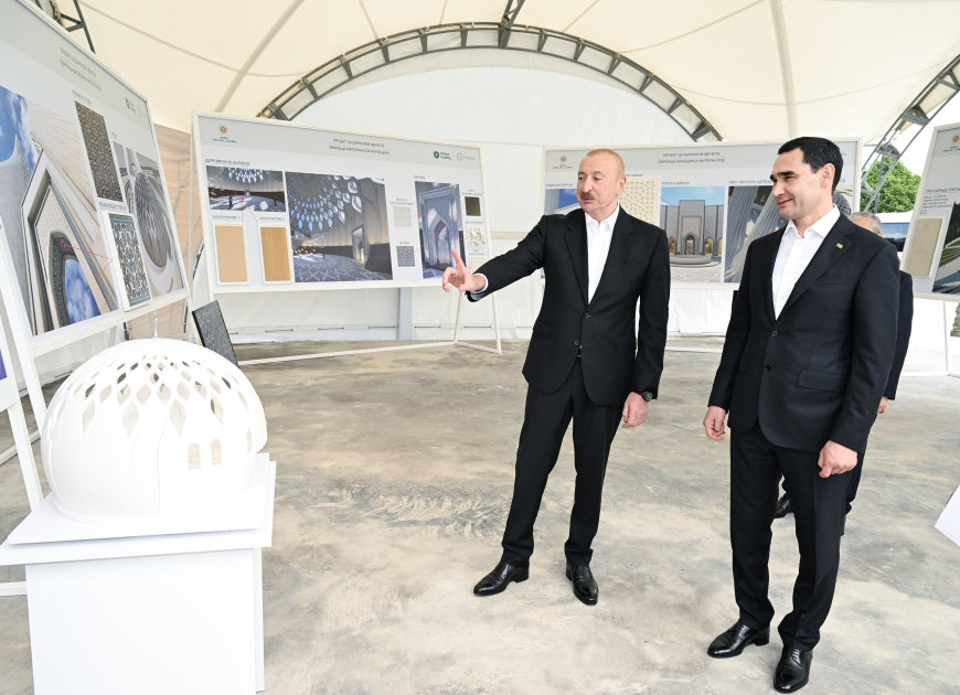 Azərbaycan Prezidenti İlham Əliyev və Türkmənistan Prezidenti Sərdar Berdiməhəmmədov Şuşa məscidində tikinti işlərinin gedişi ilə tanış olublar (FOTO)
