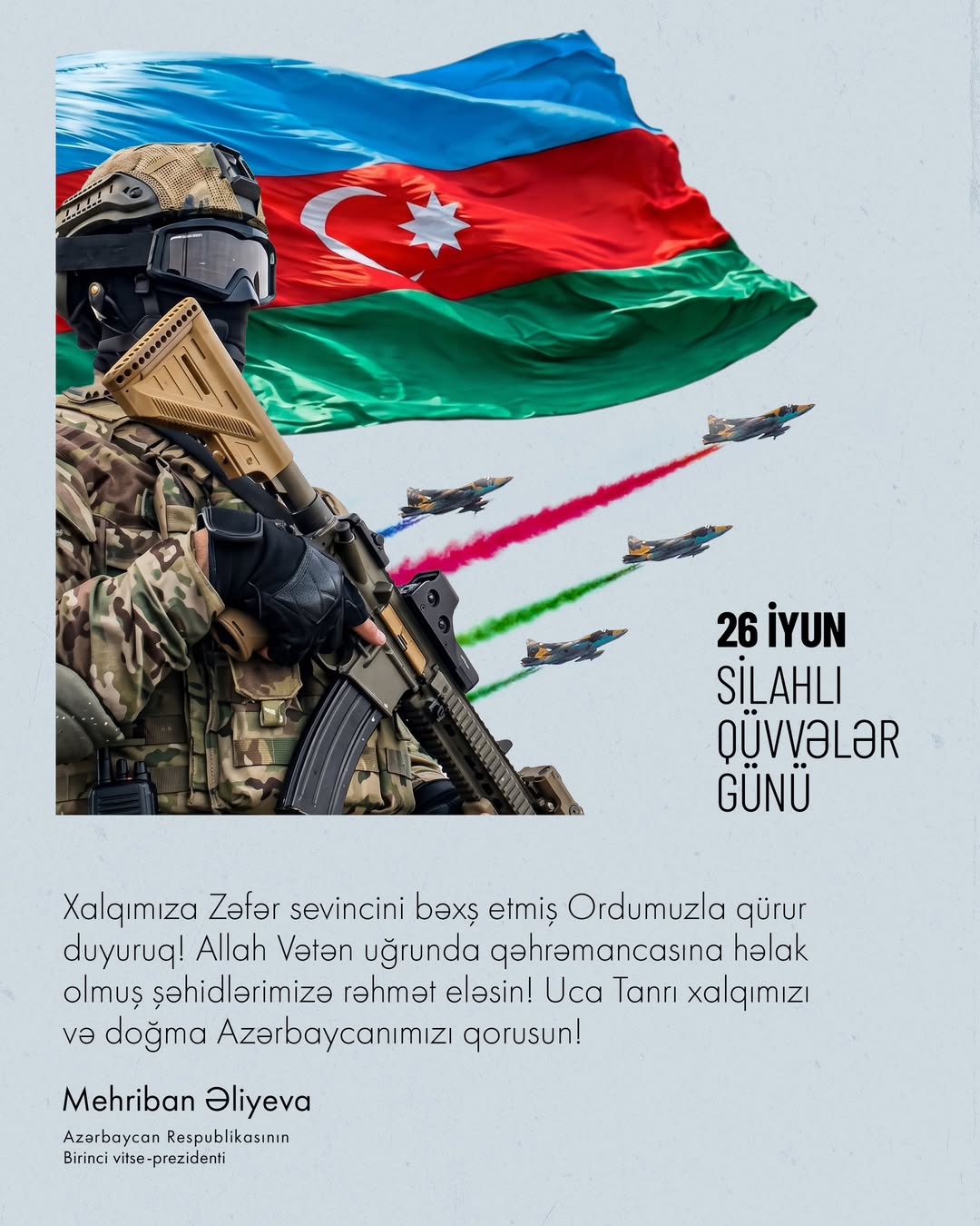 Birinci vitse-prezident Mehriban Əliyeva 26 iyun - Silahlı Qüvvələr Günü münasibətilə paylaşım edib (FOTO)