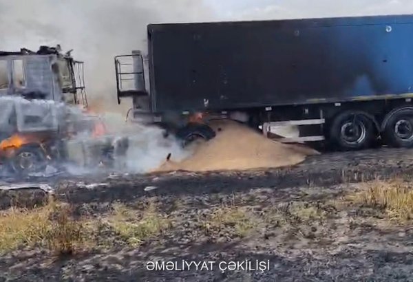 Oğuzda buğda yüklü avtomobil yanıb (VİDEO)