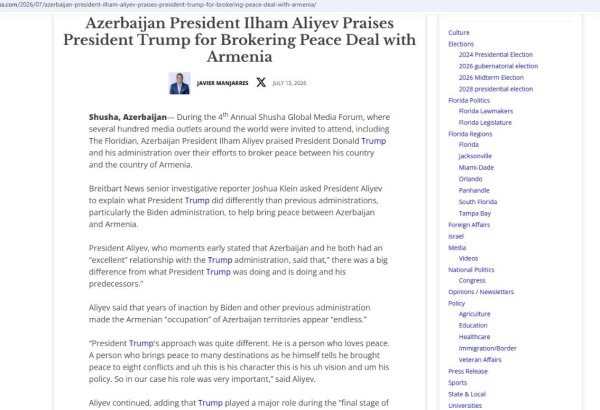 "The Floridian" Prezident İlham Əliyevin Trampın sülh prosesindəki rolu barədə bəyanatları haqqında məqalə dərc edib