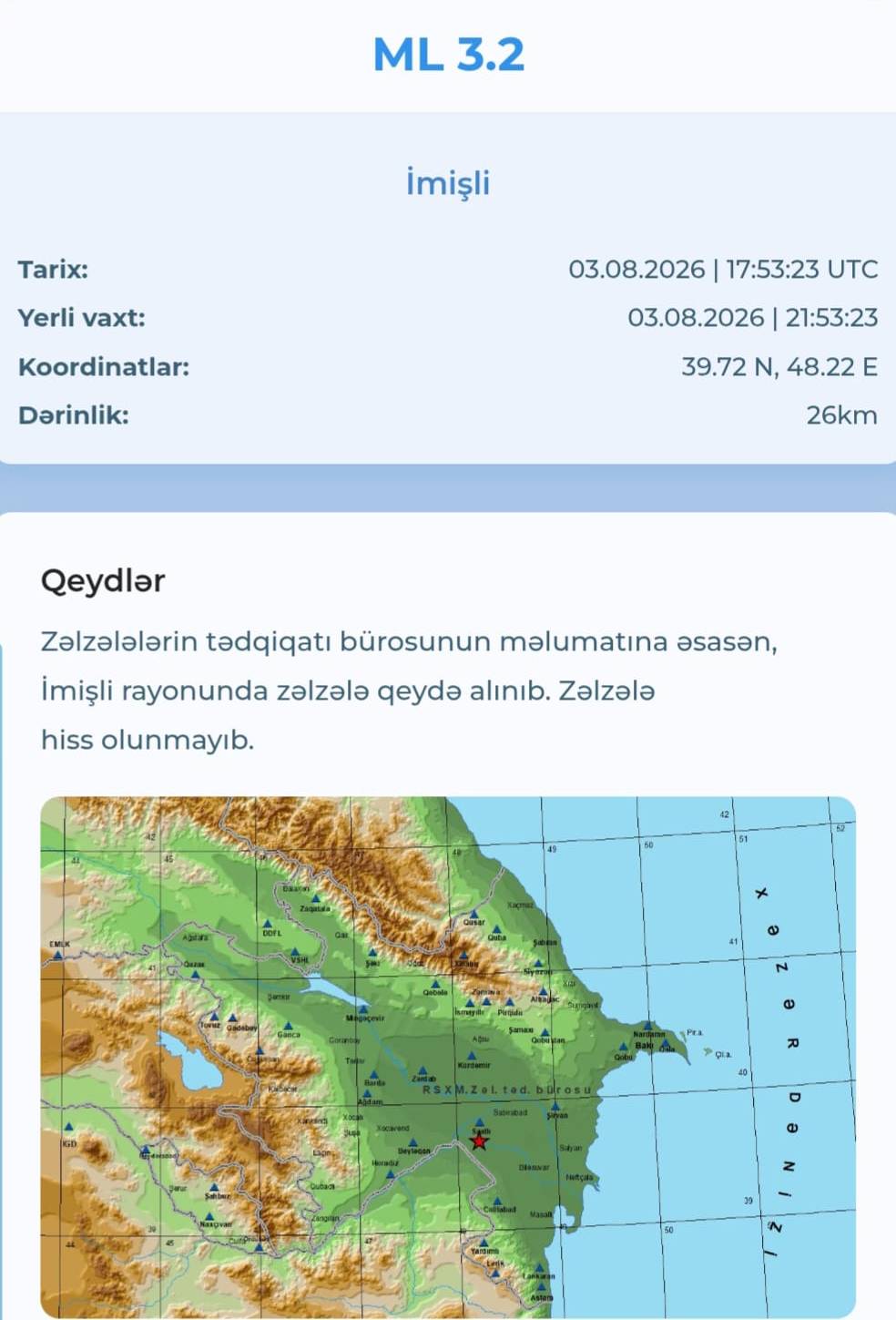 İmişlidə 3.2 maqnitudalı zəlzələ olub (FOTO)