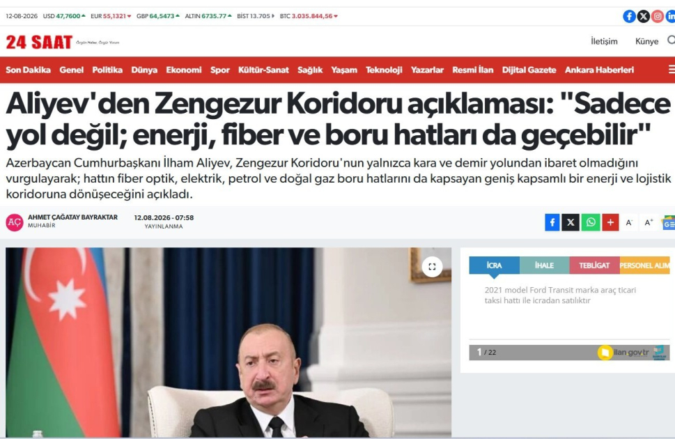 Prezident İlham Əliyevin Zəngəzur dəhlizi ilə bağlı fikirləri Türkiyə mediasının diqqət mərkəzindədir