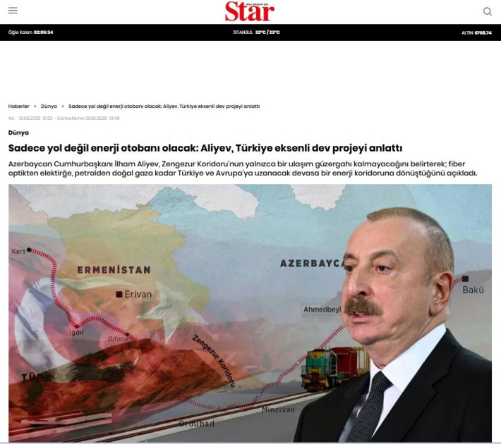 Prezident İlham Əliyevin Zəngəzur dəhlizi ilə bağlı fikirləri Türkiyə mediasının diqqət mərkəzindədir