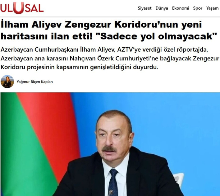 Prezident İlham Əliyevin Zəngəzur dəhlizi ilə bağlı fikirləri Türkiyə mediasının diqqət mərkəzindədir