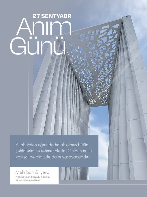 Birinci vitse-prezident Mehriban Əliyeva 27 Sentyabr - Anım Günü ilə əlaqədar paylaşım edib (FOTO)