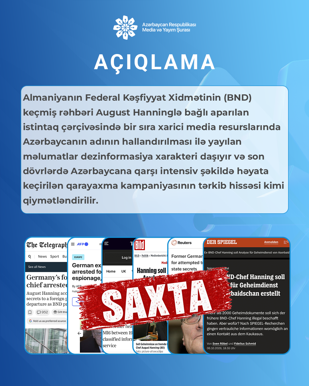 BND-nin sabiq rəhbəri ilə bağlı iddialarda Azərbaycanın adının çəkilməsi dezinformasiyadır – Media və Yayım Şurası