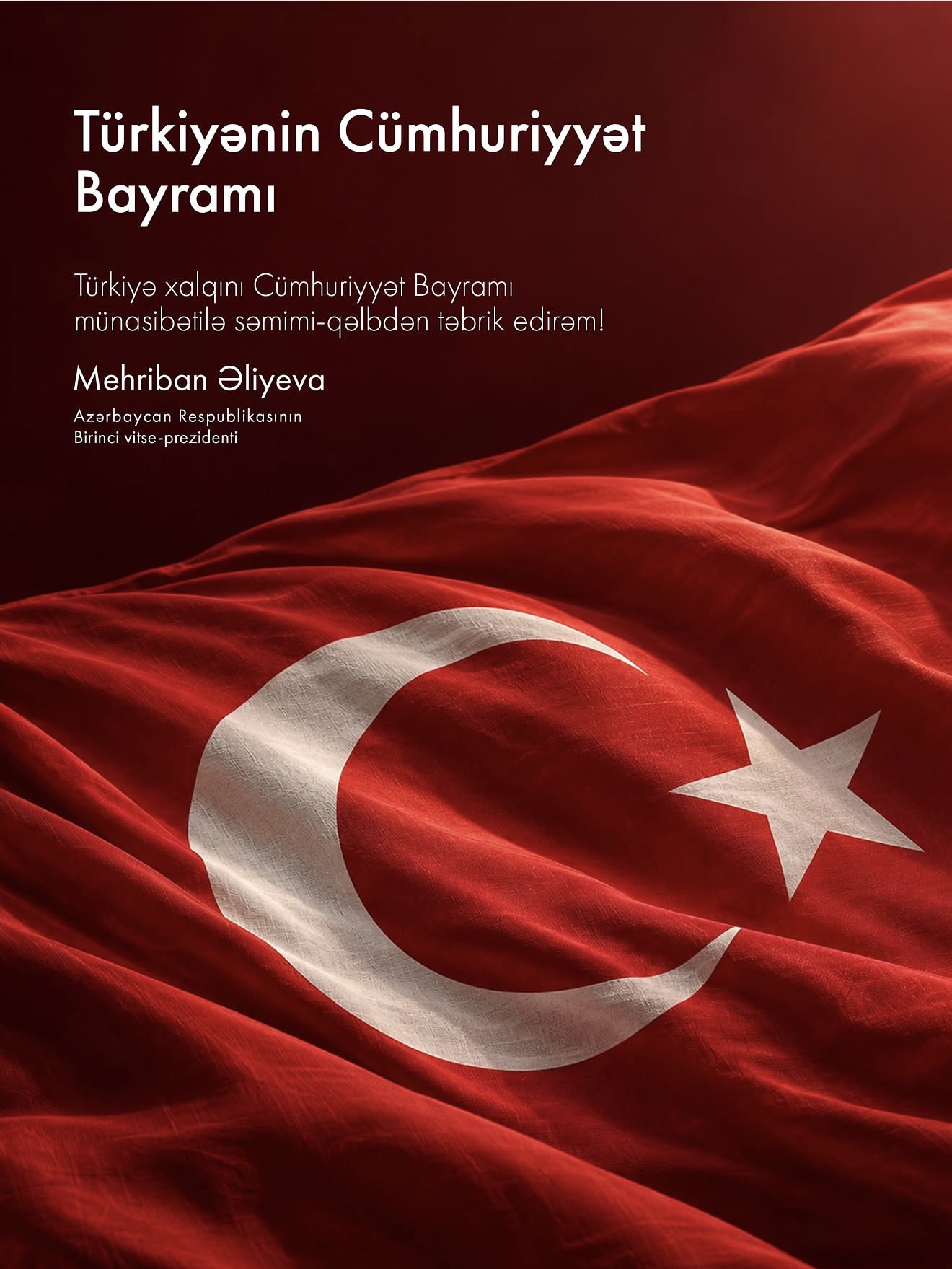 Birinci vitse-prezident Mehriban Əliyeva sosial şəbəkə hesablarında Türkiyənin Cümhuriyyət Bayramı münasibətilə paylaşım edib (FOTO)